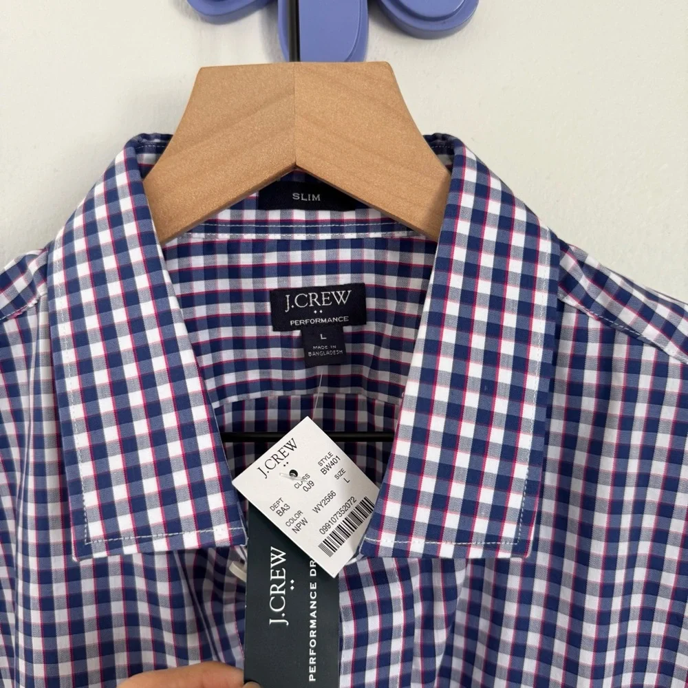 J.Crew Large NEW Performance Slim Button Up‎ Long Sleeve Shirt Navy Plaid Office